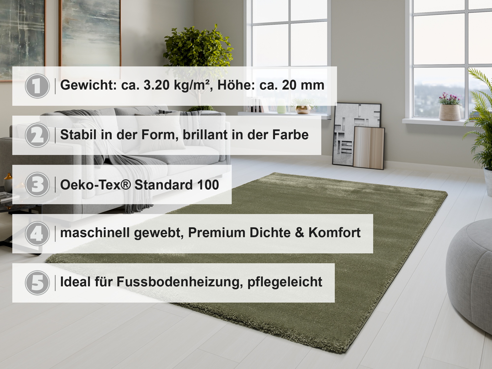 OCI Uni-Teppich PULSAR ca. 80x150cm in Farbe grün, wohnzimmer, teppich, grün, hochflor, einfarbig