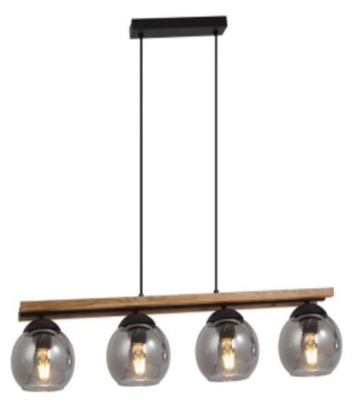 Globo Hängeleuchte CONNI 4-flammig in Farbe schwarz matt, pendant light, bar light, four bulbs, wooden beam, glass globe