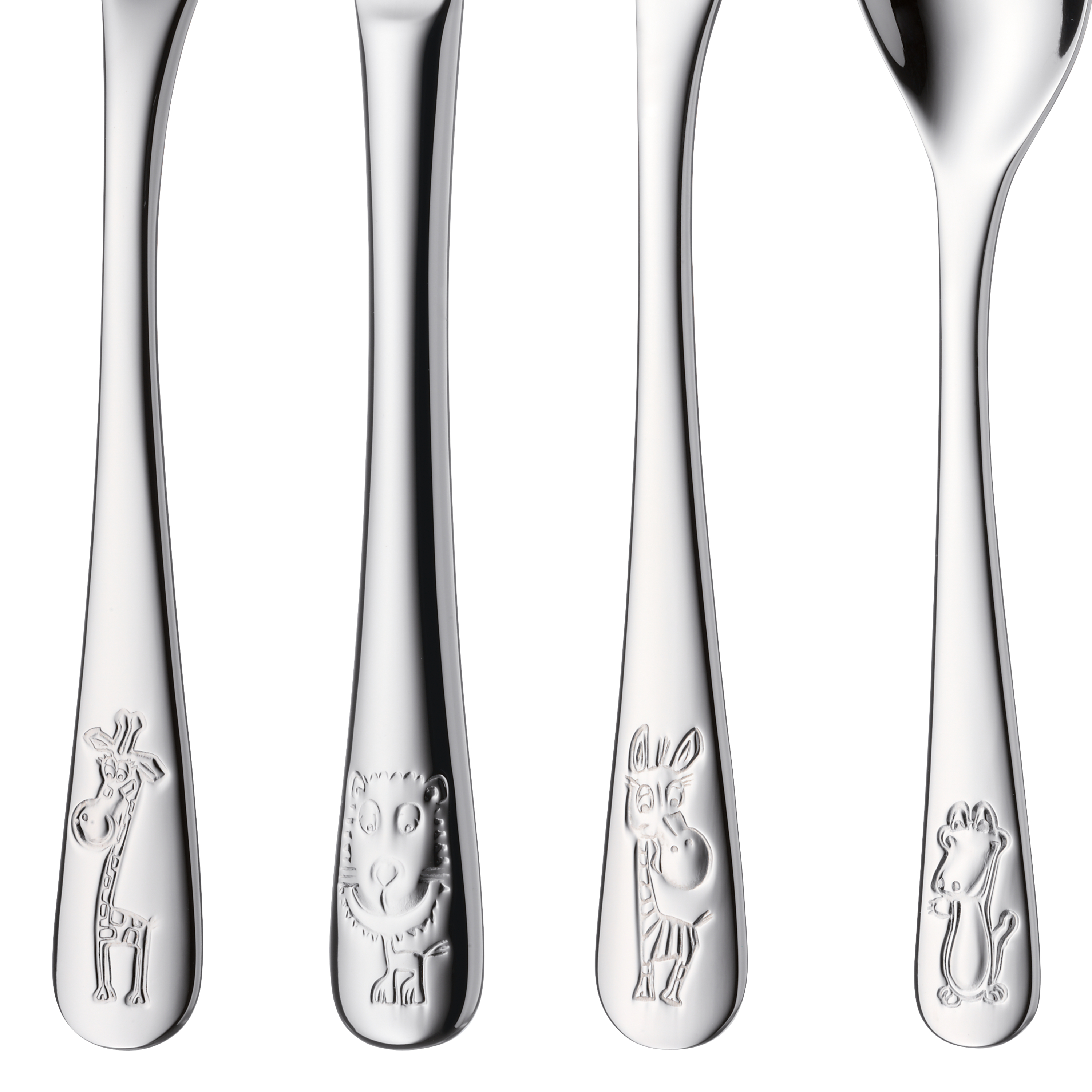 WMF Kindergeschirr-Set Safari, 6-teilig in poliertem Edelstahl, Löffel, Besteck, Kinderspielzeug, Tiermotiv, Stahl