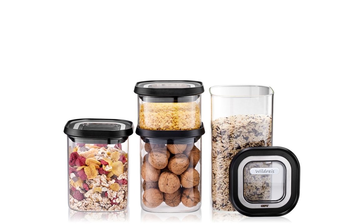 GEFU Vorratsdosen-Set PANTRY in Farbe schwarz/silber GEFU Vorratsdosen-Set PANTRY in Farbe schwarz/silber, Rührglasbehälter, Küchendose, Aufbewahrungsbehälter, Glasbehälter, Deckelboxen