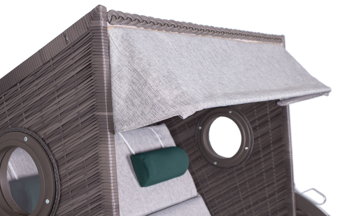 Strandkorb in Farbe PE grey, Gartenmöbel, Sonnenliege, Sitzgruppe, Rattan, Markise