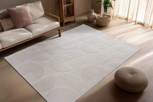 Webteppich FOCUS ca. 160x230cm in Farbe silver, Teppich, Rundmuster, weißer Teppich, Wohnzimmer, Musterteppich