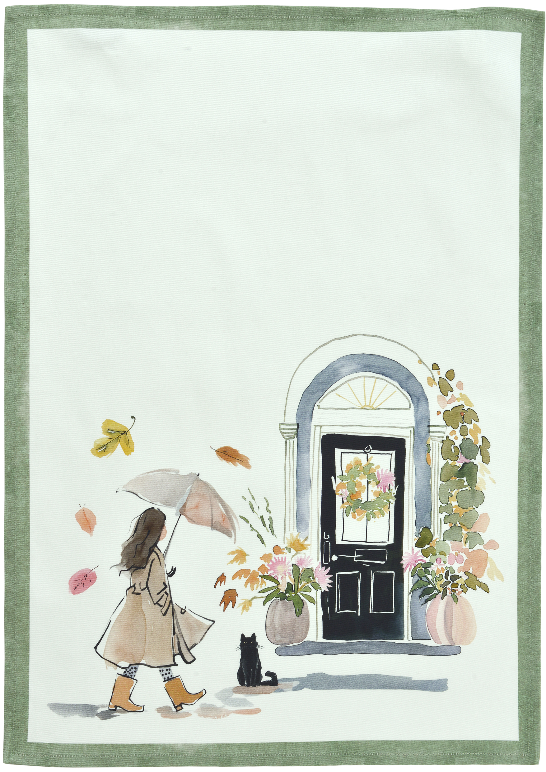 Sander Geschirrtuch LE CHAT CUISINE ca. 50x70cm in Farbe original, illustration, Tür, Blumen, Kürbis-Topf, Frau mit Regenschirm