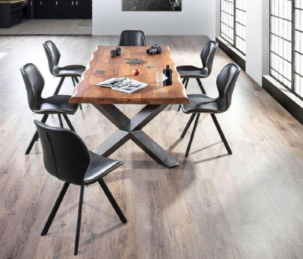 Gutmann Esstisch NORMANDY in Platte Mango massiv natur geb., Esstisch, Holztisch, Metallgestell, Schwarze Stühle, Innenraum