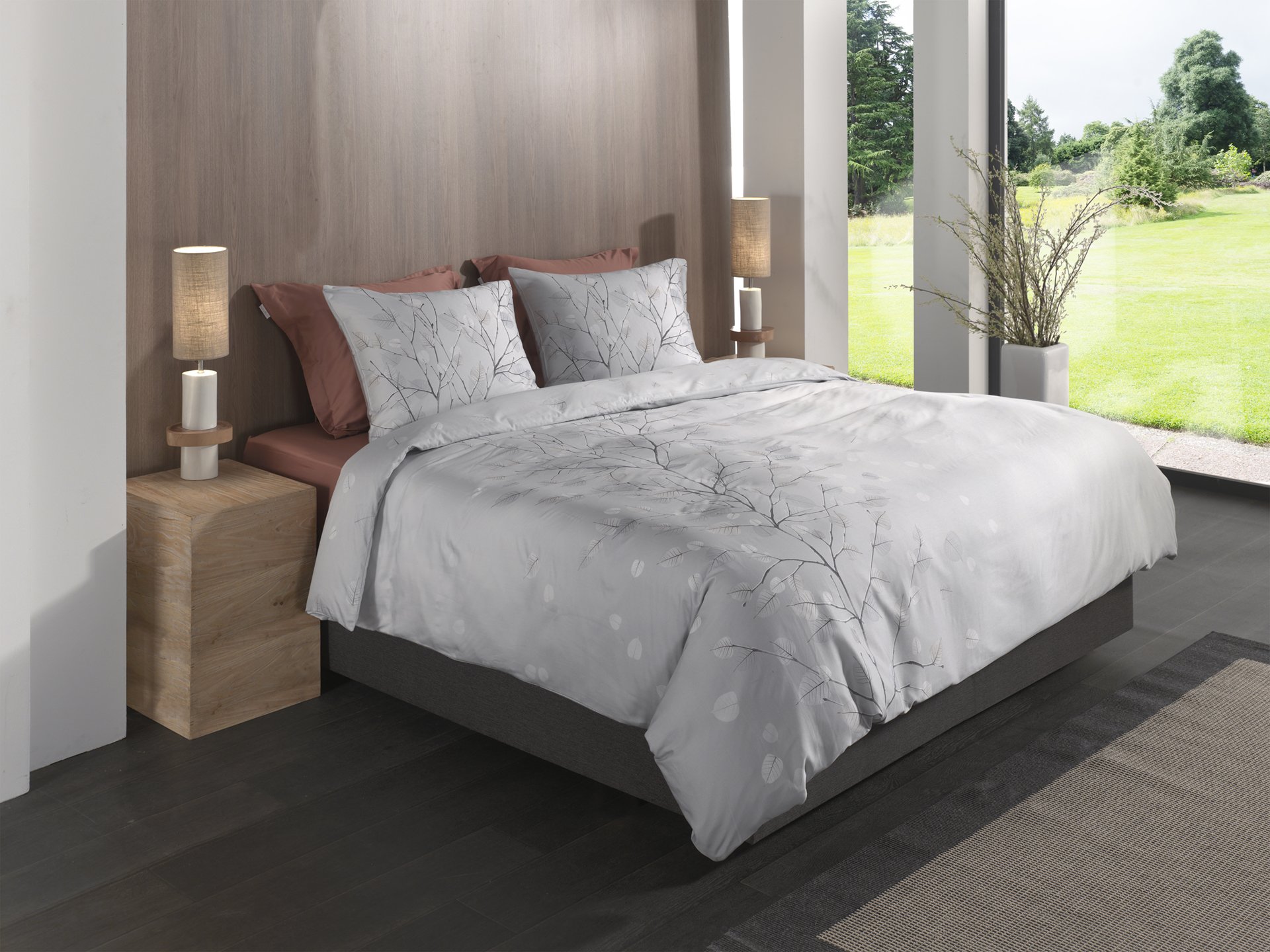 Heckettlane Bettwäsche ca. 155x220cm in Farbe Light-Grey, Innenarchitektur, Mobiliar, Lampe, Bett, Pflanze