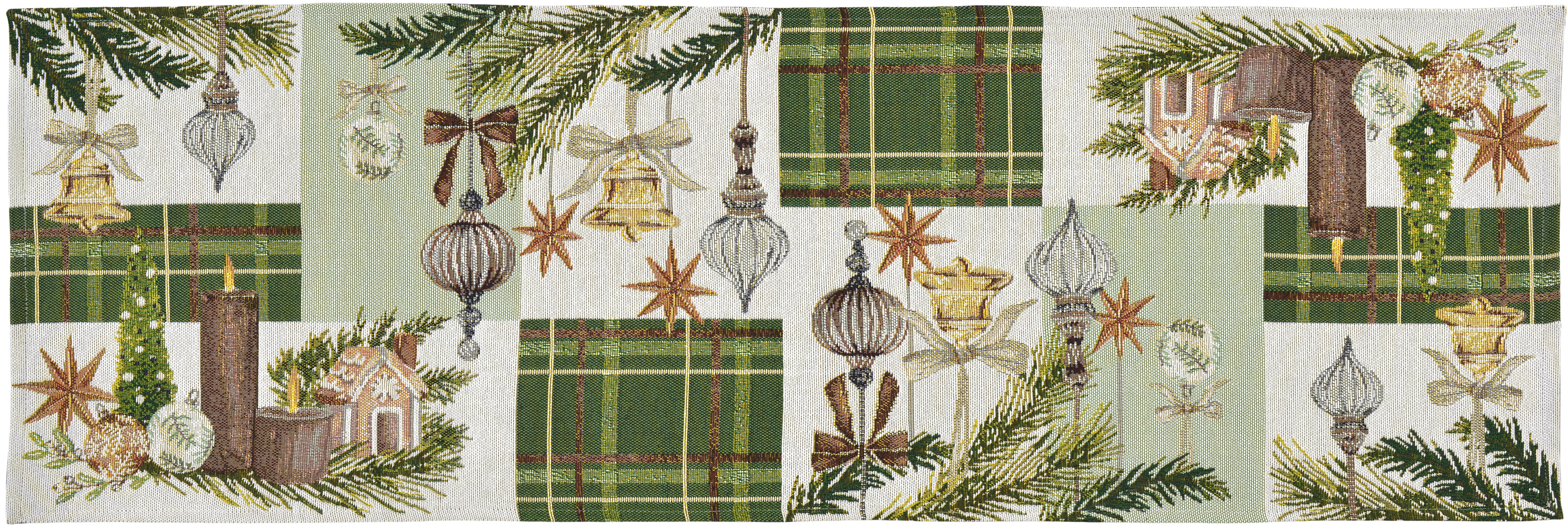 Sander Tischläufer XMAS DECOR PATCH ca. 32x96cm in Farbe original, Weihnachtsdecke, Tischdecke, Grün, Kleeblatt-Plot, Ornamenten-Muster