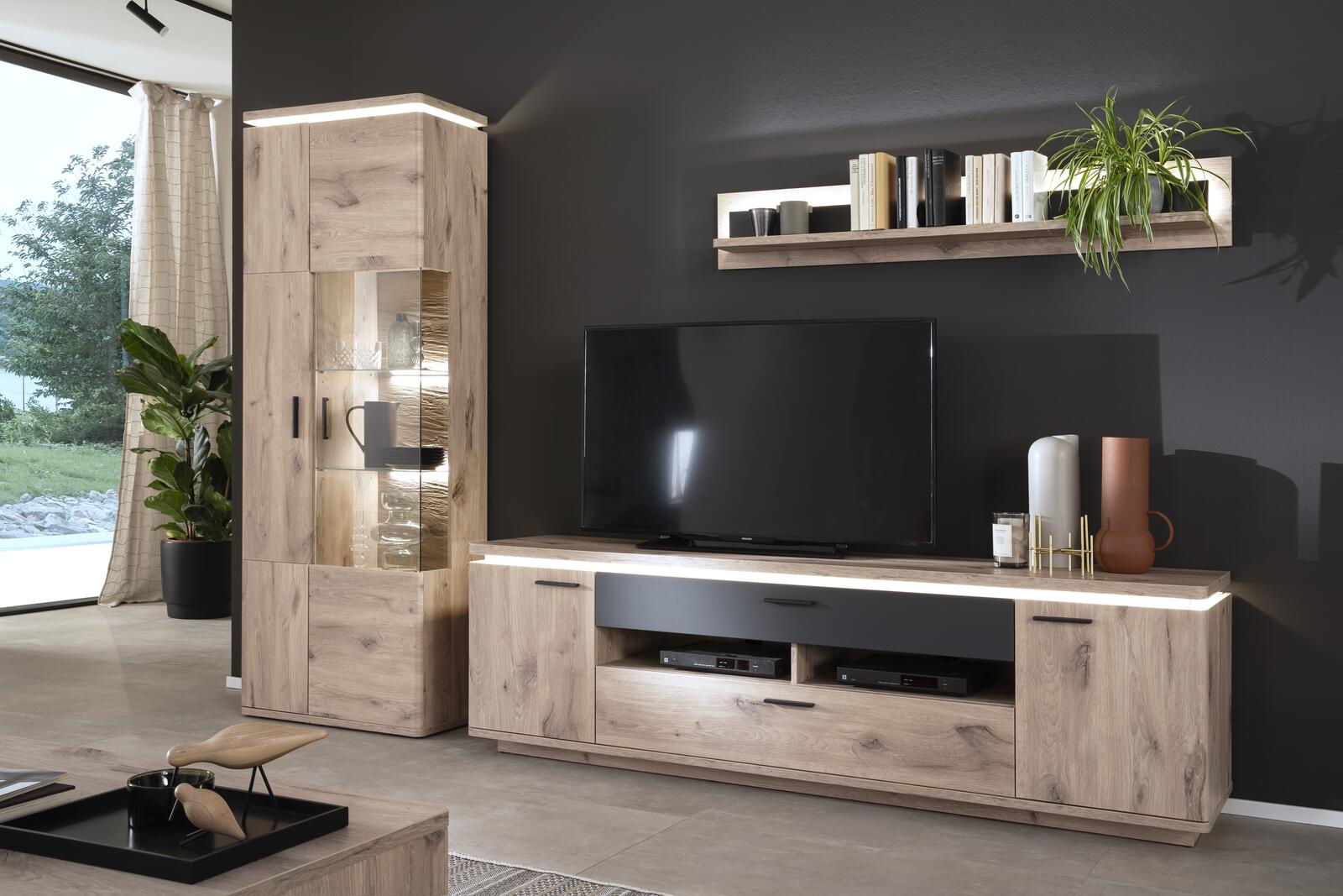 MCA Furniture Wohnkombinationnation Modena in Viking Oak/Absatz anthrazit