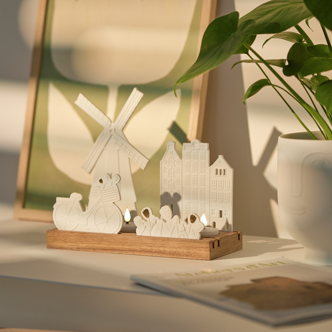 Räder Lichtobjekt Landsilhouette "Niederlande", Deko-Set, Schreiner Windmühle, Miniaturhäuser, Teelichthalter, Holzplatte