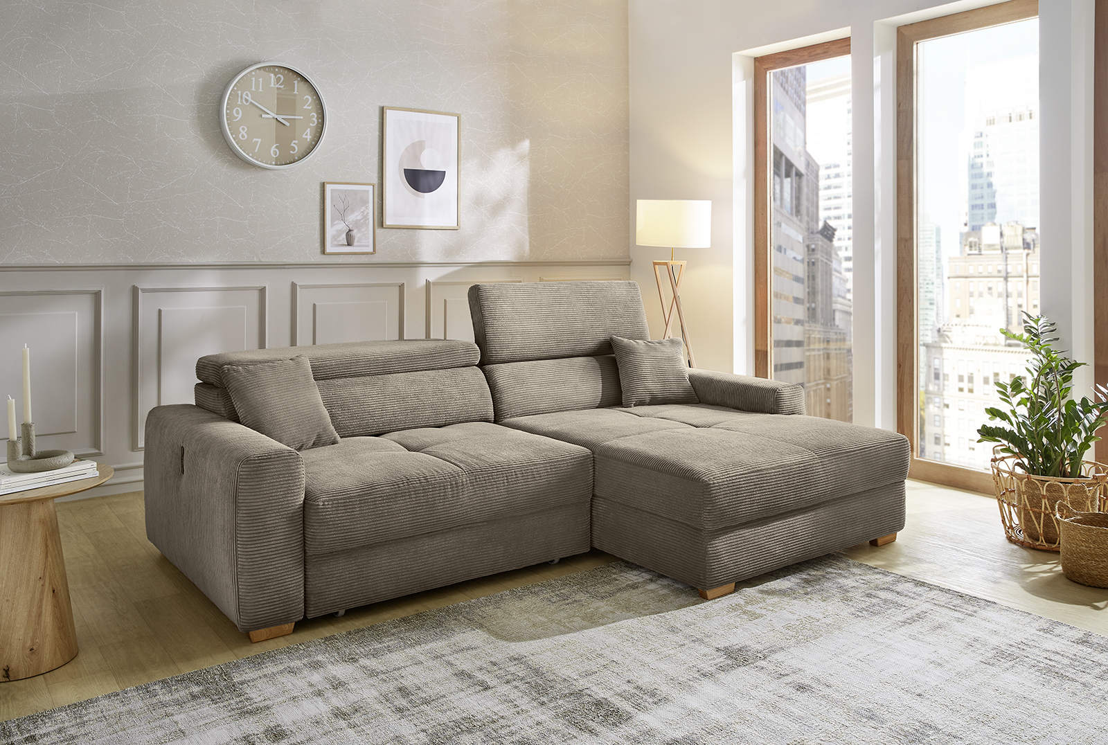 JOB Polsterecke SLIDER ca. B279 H108 T186 cm in Dessin 426/18 Cord taupe, Couch, Mobiliar, Inneneinrichtung, Ecke, Pflanze