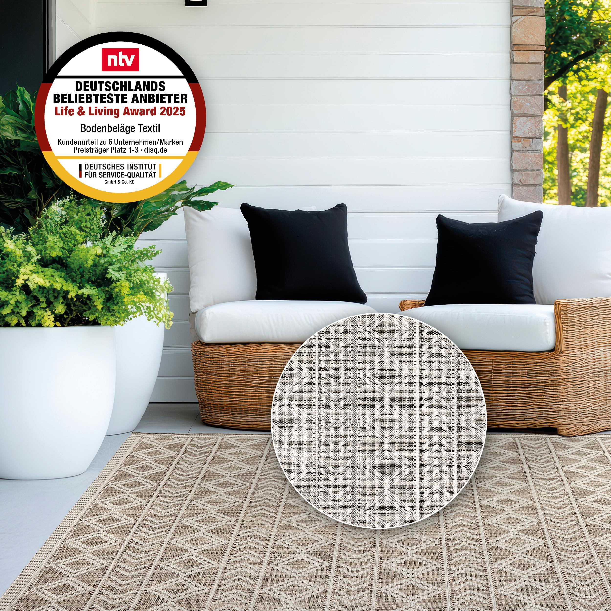 Golze & Söhne Teppich Sydney ca. 120x170cm in Farbe Ethno Beige, Rattan-Sofa, Gartenmöbel, Kissen, Teppich, Muster geometrisch