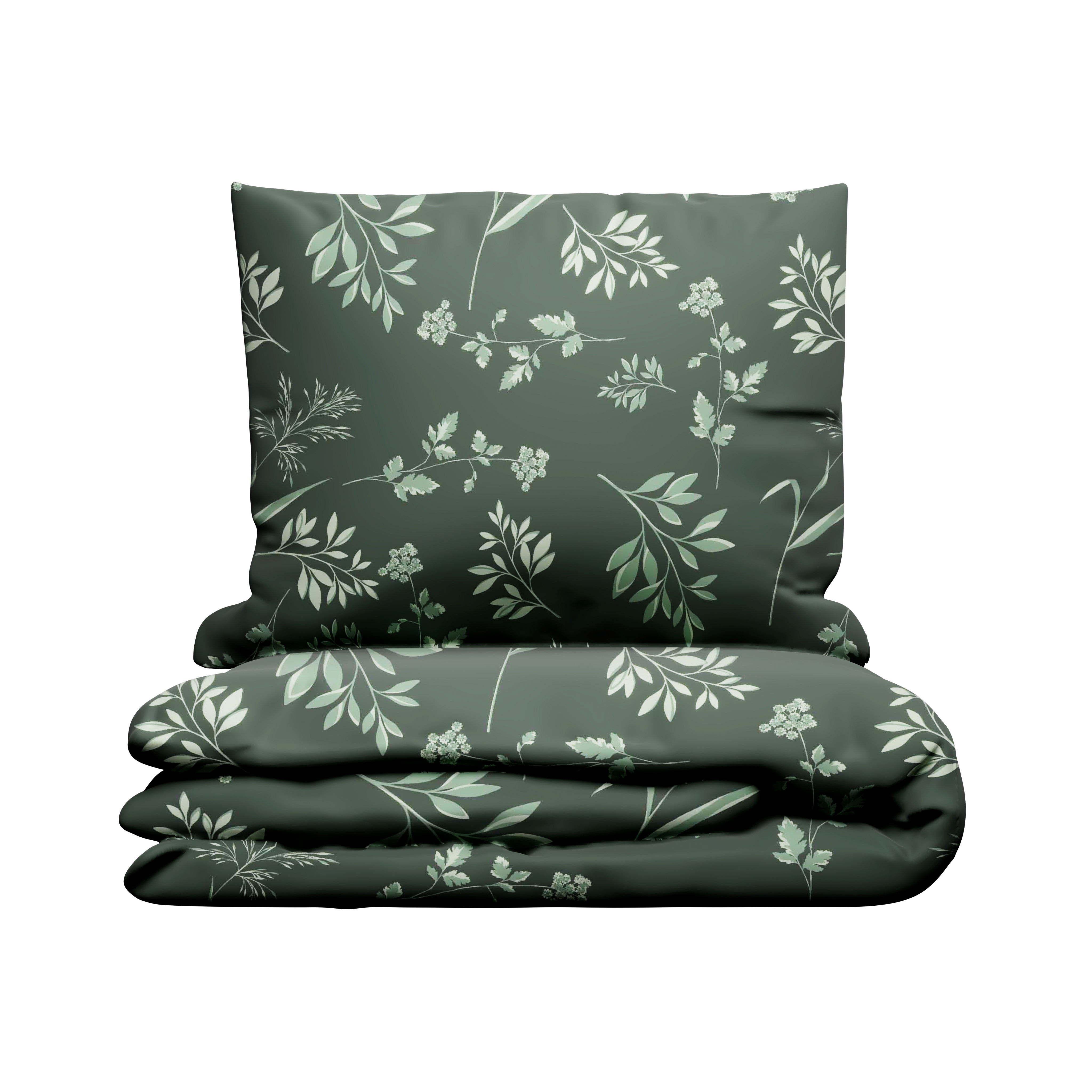 Bettwäsche Herba Grün, Bettwäsche-Set, Dunkelgrün, Blumenmuster, Blattmuster, Stoff