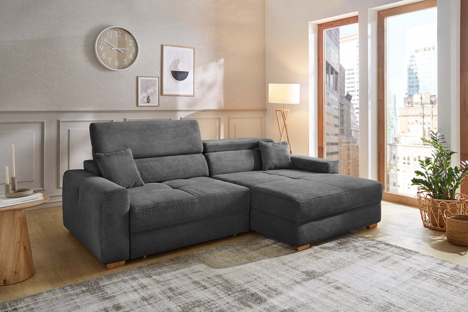 JOB Wohnlandschaft SLIDER ca. 277x187cm in Stoff Cord grau, Moebel, Couch, Inneneinrichtung, Pflanze