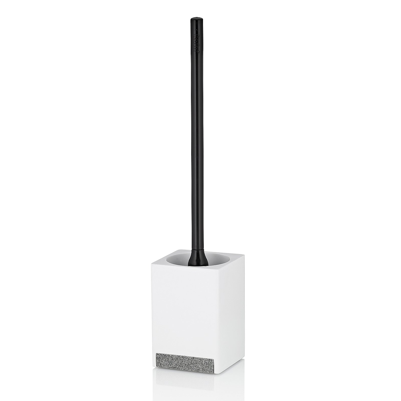 Kela WC-Garnitur Cube CUBE in Weiß, Toilettenbürste, Toilettenbürstenhalter, schwarze Bürste, quadratischer Halter, metallischer Griff, Toilettenreiniger, Pumpe, schwarzer Griff, weiße Basis, Granite-Akzent