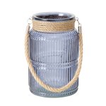 Boltze Windlicht Sunio H:21 cm in Glas lackiert graublau/Jute