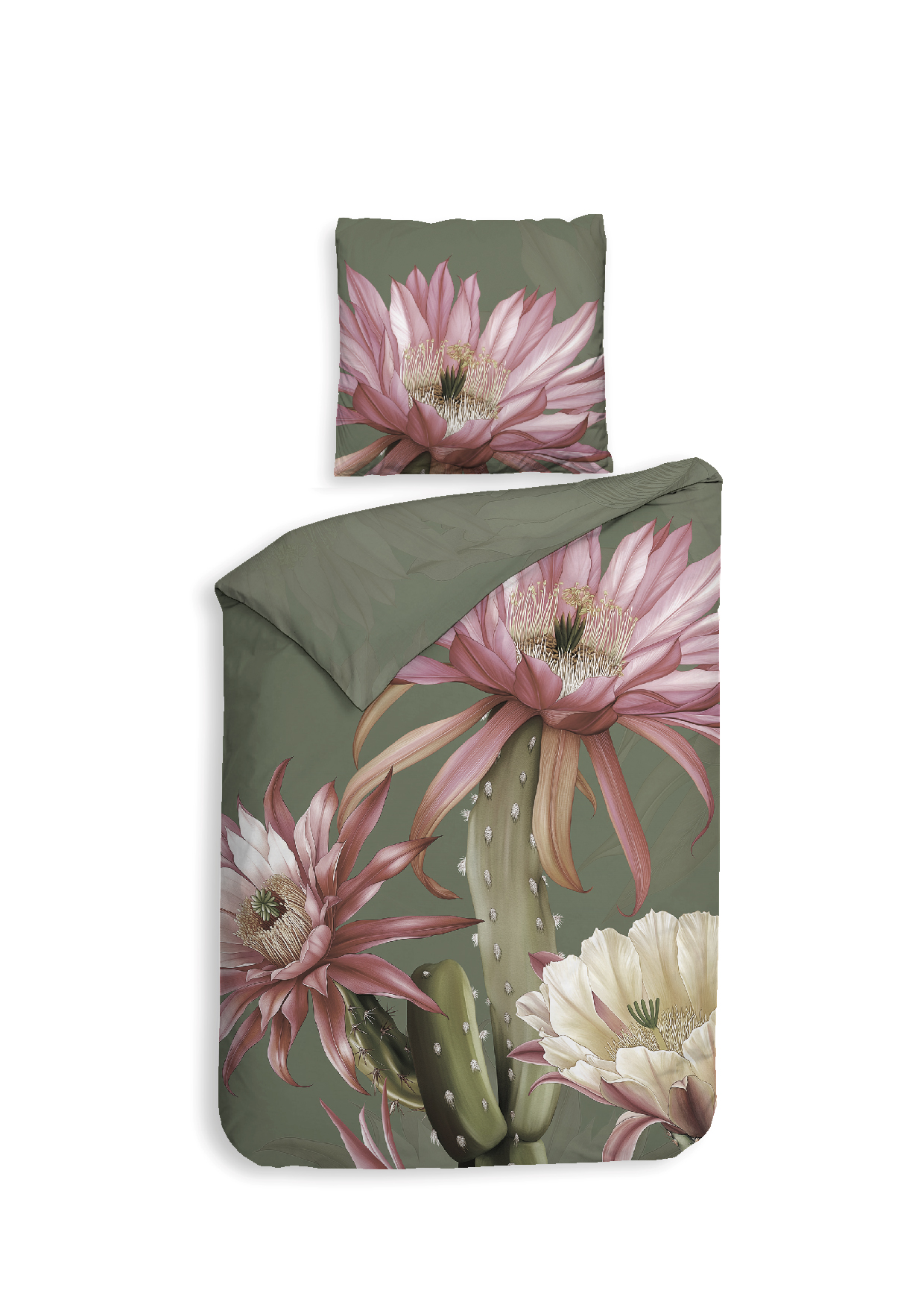 Bettwäsche MESA 135 x 200 cm in Forest Green Bettwäsche MESA 135 x 200 cm in Forest Green, Kaktus, Pflanzenmotiv, Blumenbettwäsche, Pale Pink, Florales Muster