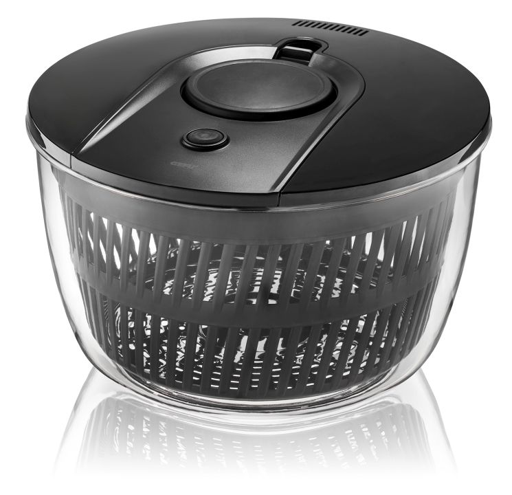 GEFU Salatschleuder PUSH IT in Farbe Schwarz/transparent, air fryer, stahlstahl?, schwarzer deckel, kompakt, korb design