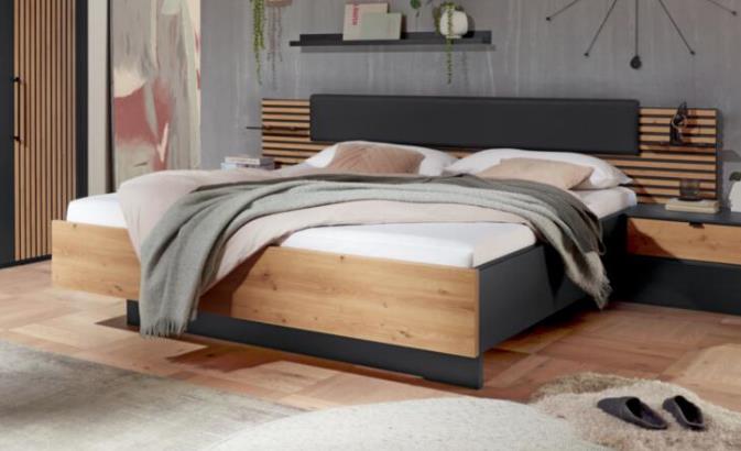 Wiemann Bett MANHATTEN ca. 180x200cm in Graphit Dekor/Absatz Lamellen Eiche Nachbildung