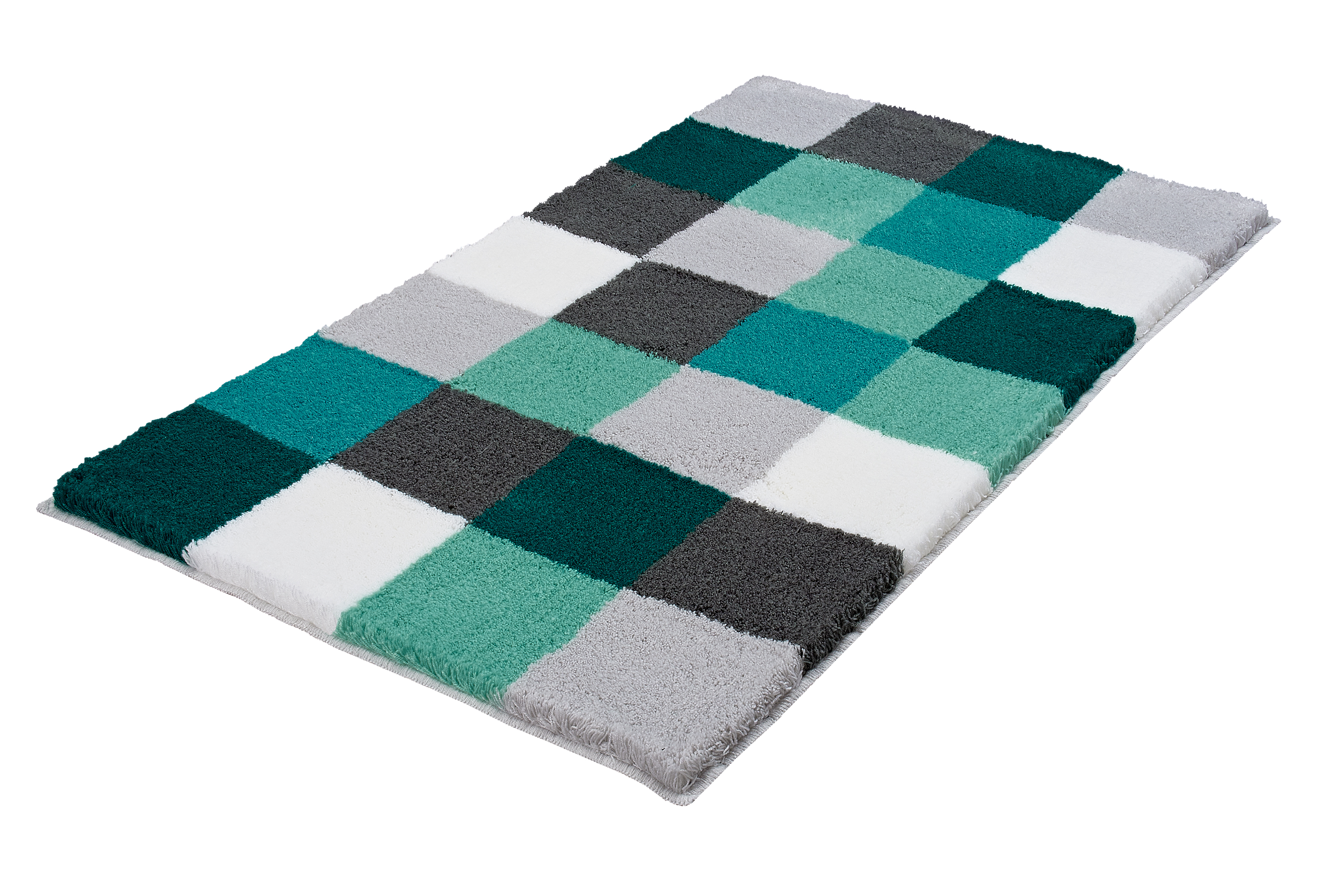 Kleine Wolke Badteppich CARO ca. 70x120cm in Farbe Petrol, Teppich, Badematte, Schlingenpelz, Schachbrettmuster, Türkis-Grau-Weiß