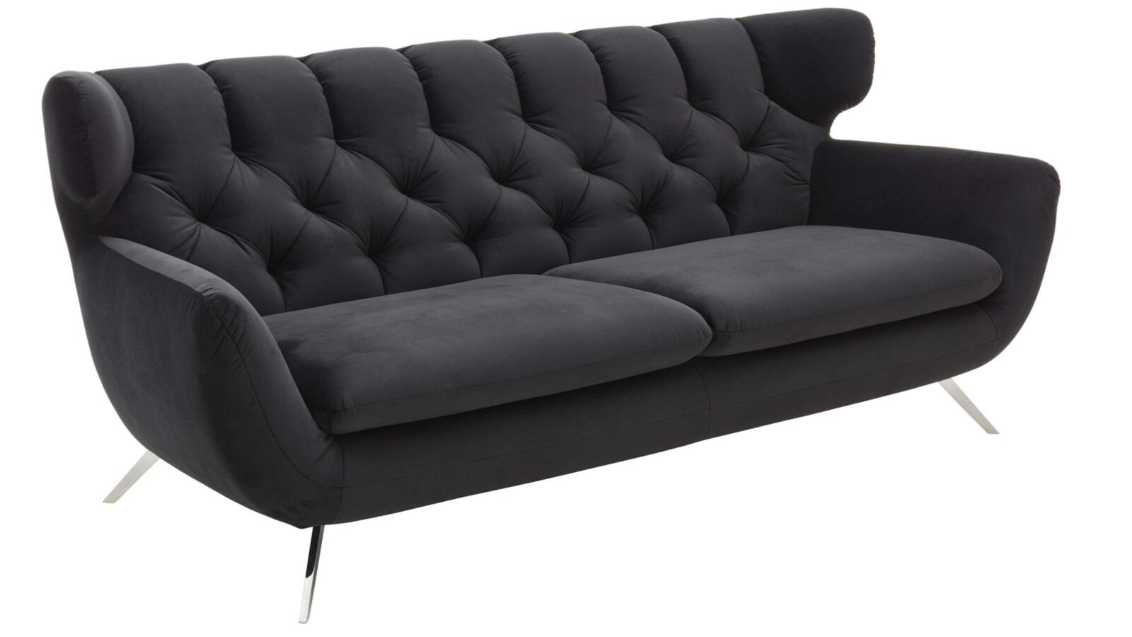 Sofa 2-sitzig SIXTY in Stoff Velvet black, Couch, Mobiliar, Kissen, Dekoration für Zuhause