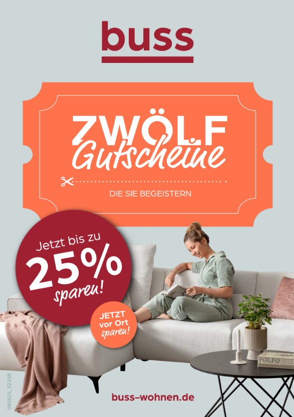 Zwölf Gutscheine, die Sie begeistern – bis zu 25 % sparen! Werbung, Plakat, Person