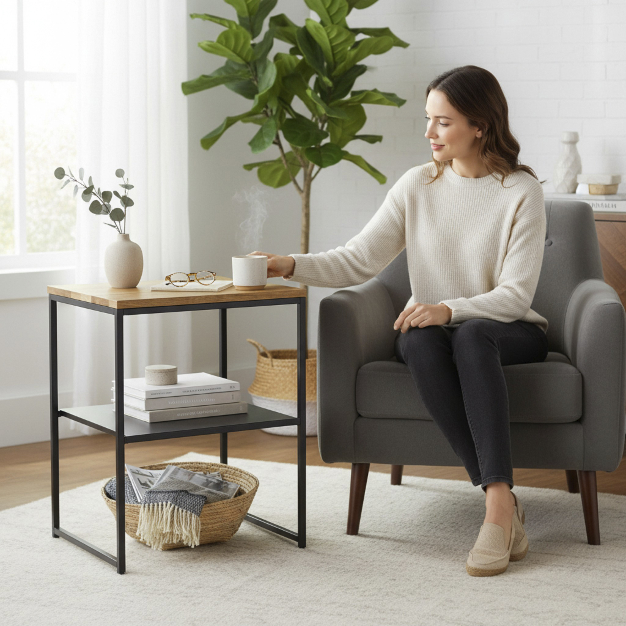 Beistelltisch SACRAMENTO in Schwarz, Wohnzimmer, Beistelltisch, Holzplatte, Metallrahmen, Kaffeetisch