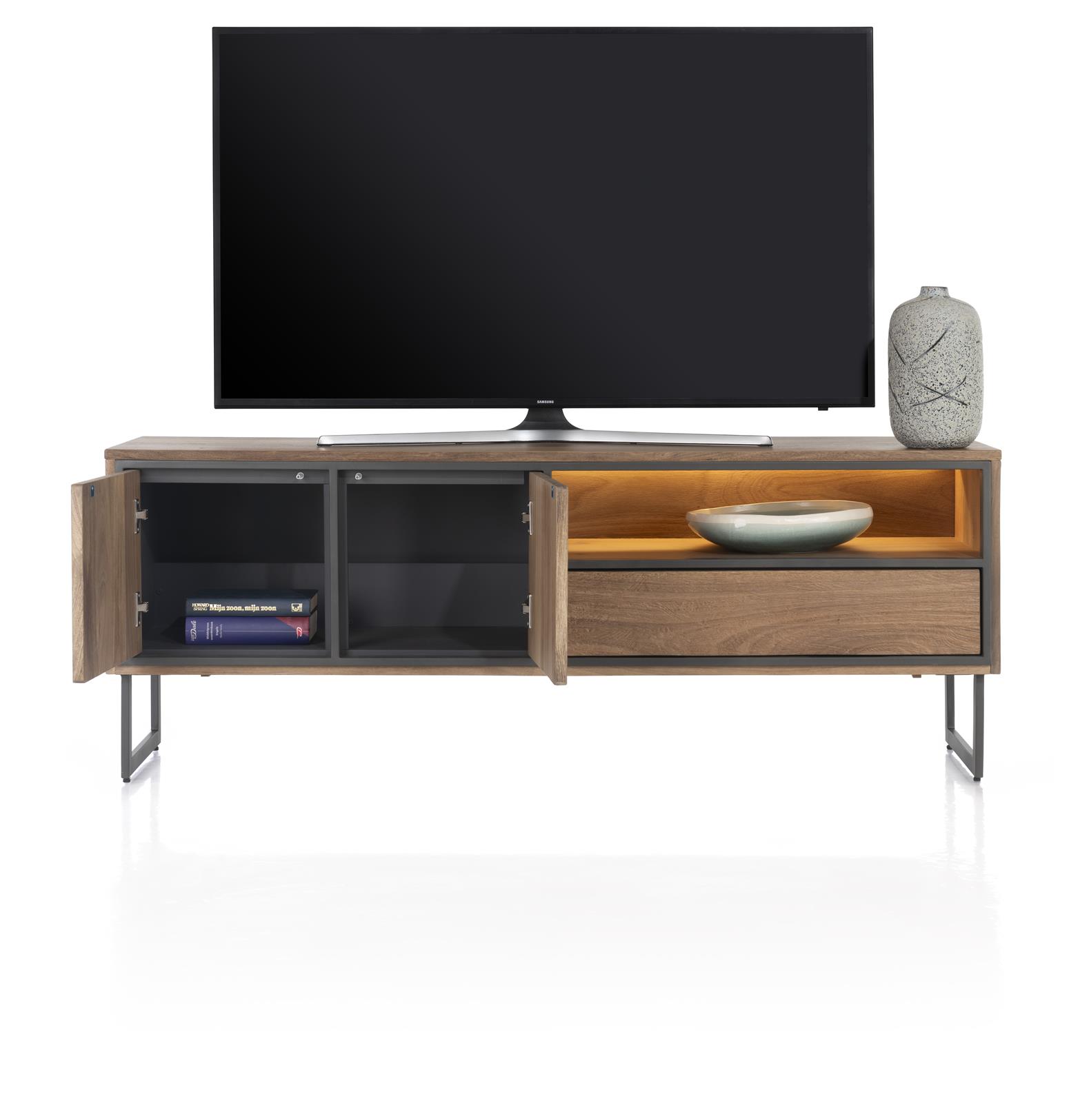 Henders & Hazel Lowboard TRAPANI ca. B160 H60 T42 cm in Mango furniert smoked lack., TV-Lowboard, Eiche, Schrankkasten, Glasablage, LED-Beleuchtung