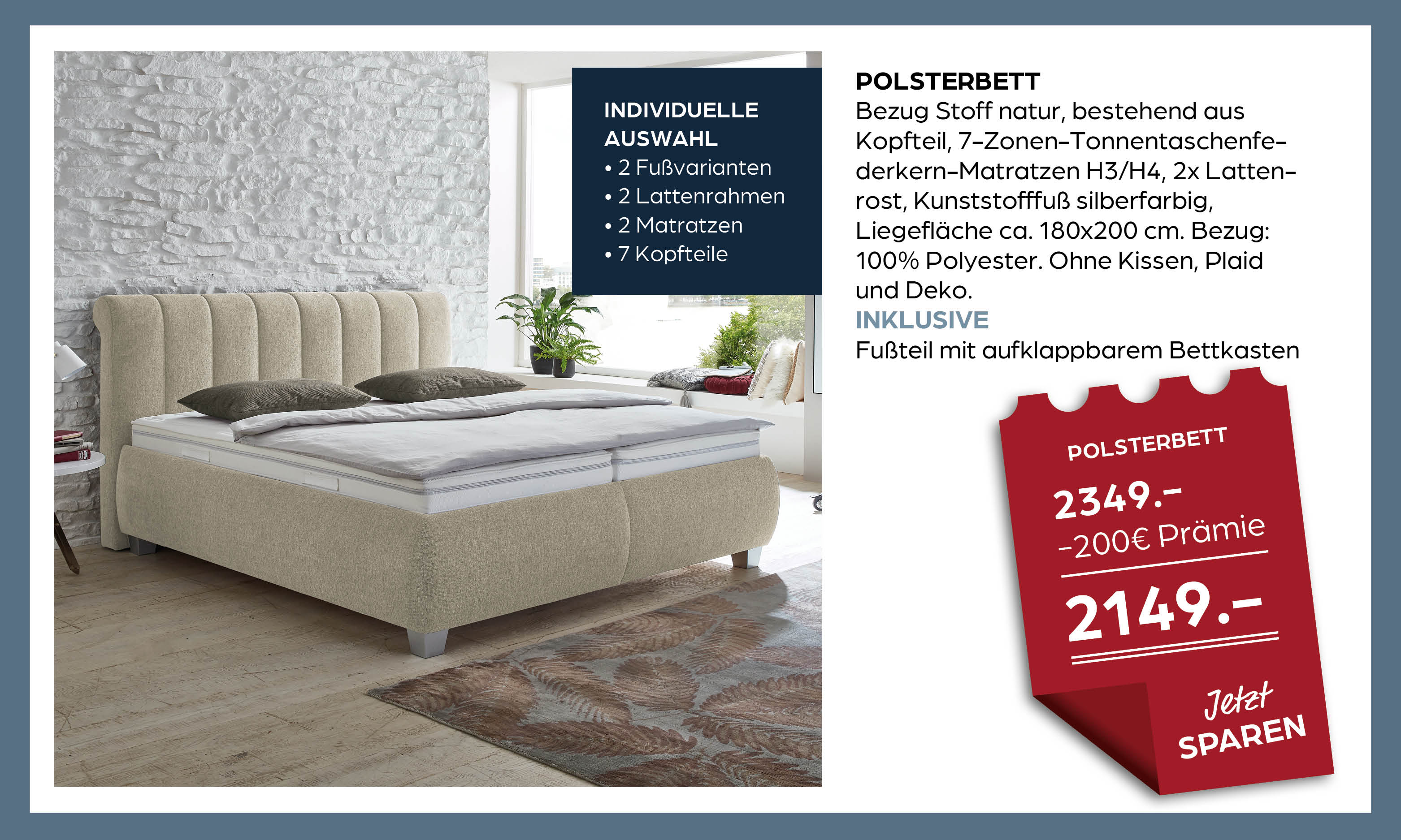 Bett, Polsterbett, Stoffbett, Kopfteil, Matratzenrahmen