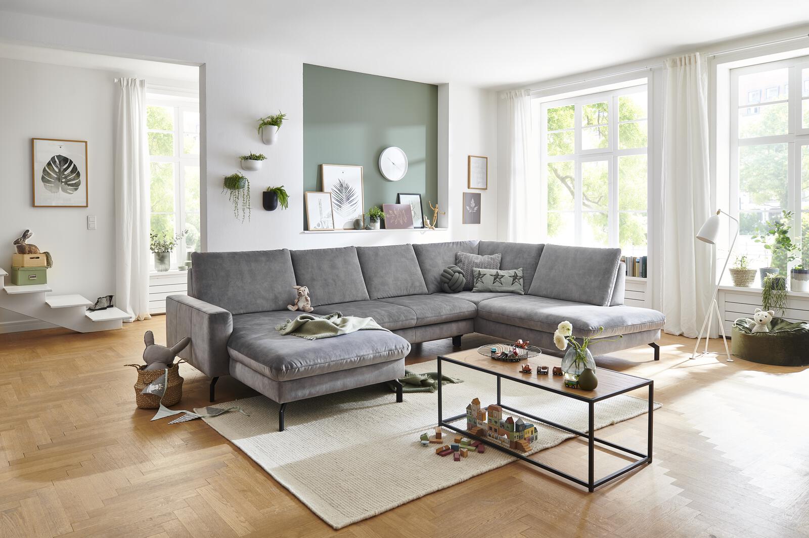 Modulmaster Wohnlandschaft MM-ZE1126 ca. 179x332x220cm in Stoff Amira silver, Wohnzimmer, Grau-Sofa, Ecksofa, Holzboden, Wohnaccessoires