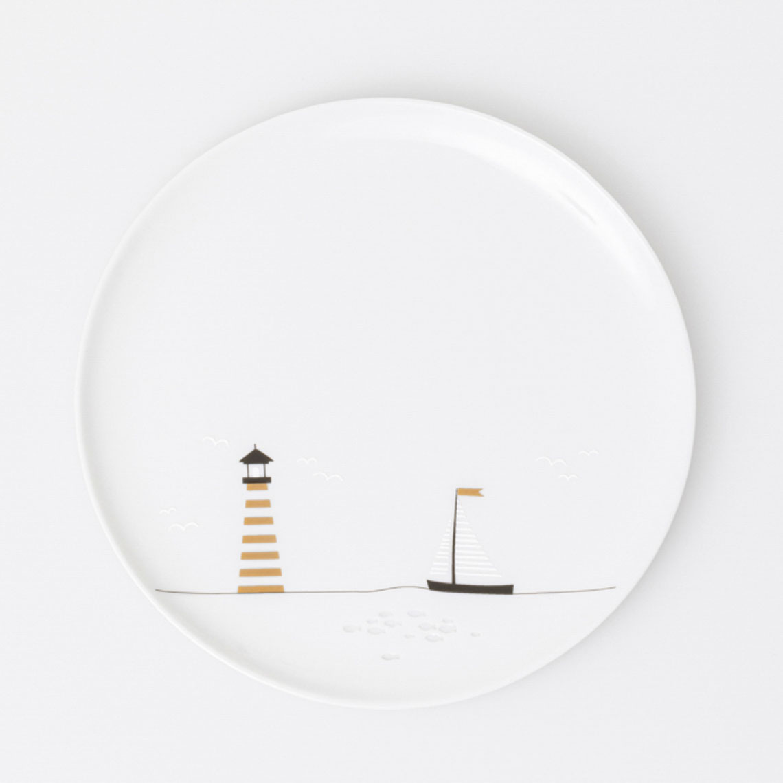 Räder Hobby Geschenketeller Segeln in Farbe weiß/schwarz/gold, Tellerplatte, Schiff, Leuchtturm, Minimalistisches Muster, Weißes Geschirr