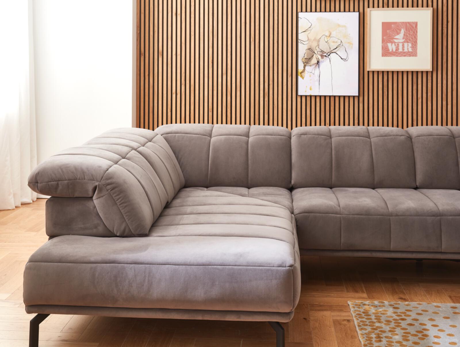 Modulmaster Wohnlandschaft MM-MP1152 ca. 383x219cm in Stoff Salsa grey, Sofa, Sektionssofa, Grau, Velvet, Holzwand