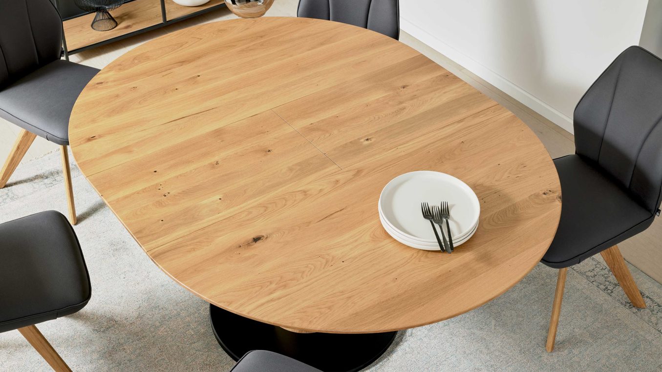 Interliving Esstisch IL 5102 Ø ca. 130cm in Wildeiche massiv geölt/Schwarz, Moebel, Tabelle, Tischplatte, Holz