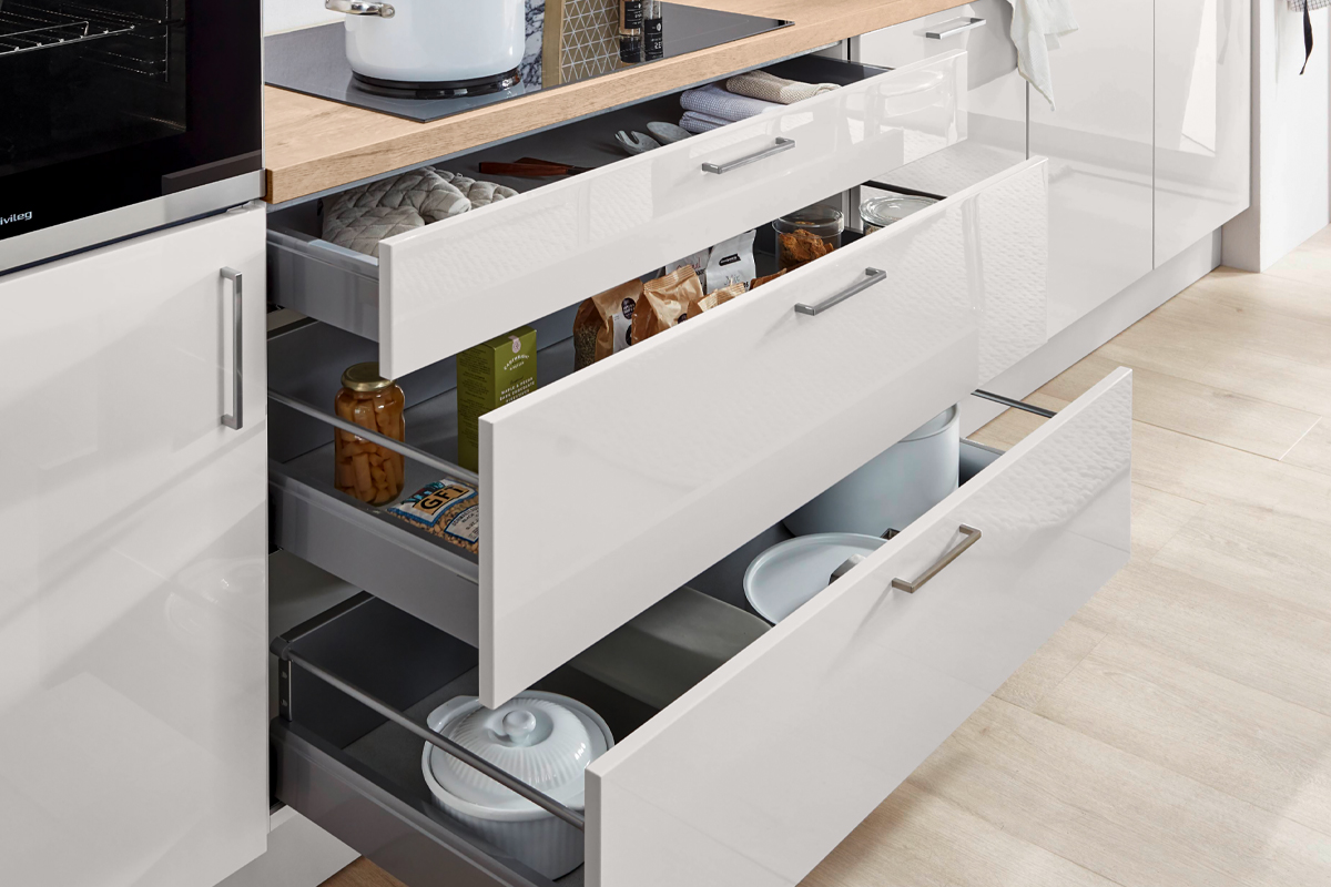 Einbauküche in Farbe Front 519 Lack seidengrau HGL, Küche, Schubladen, Weiß, Unterbau, Küchengeräte