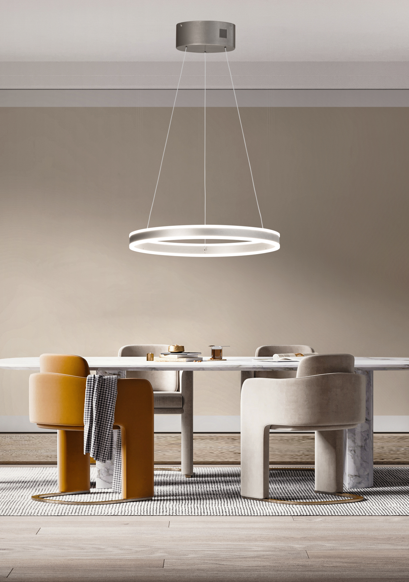 Fischer & Honsel LED-Pendelleuchte SILVIO 1-flammig in Farbe Nickel matt/Acryl weiß, de Pendantleuchte, hängende Lampe, Ring-Licht, moderne Hängeleuchte, Esstisch-Dekoration
