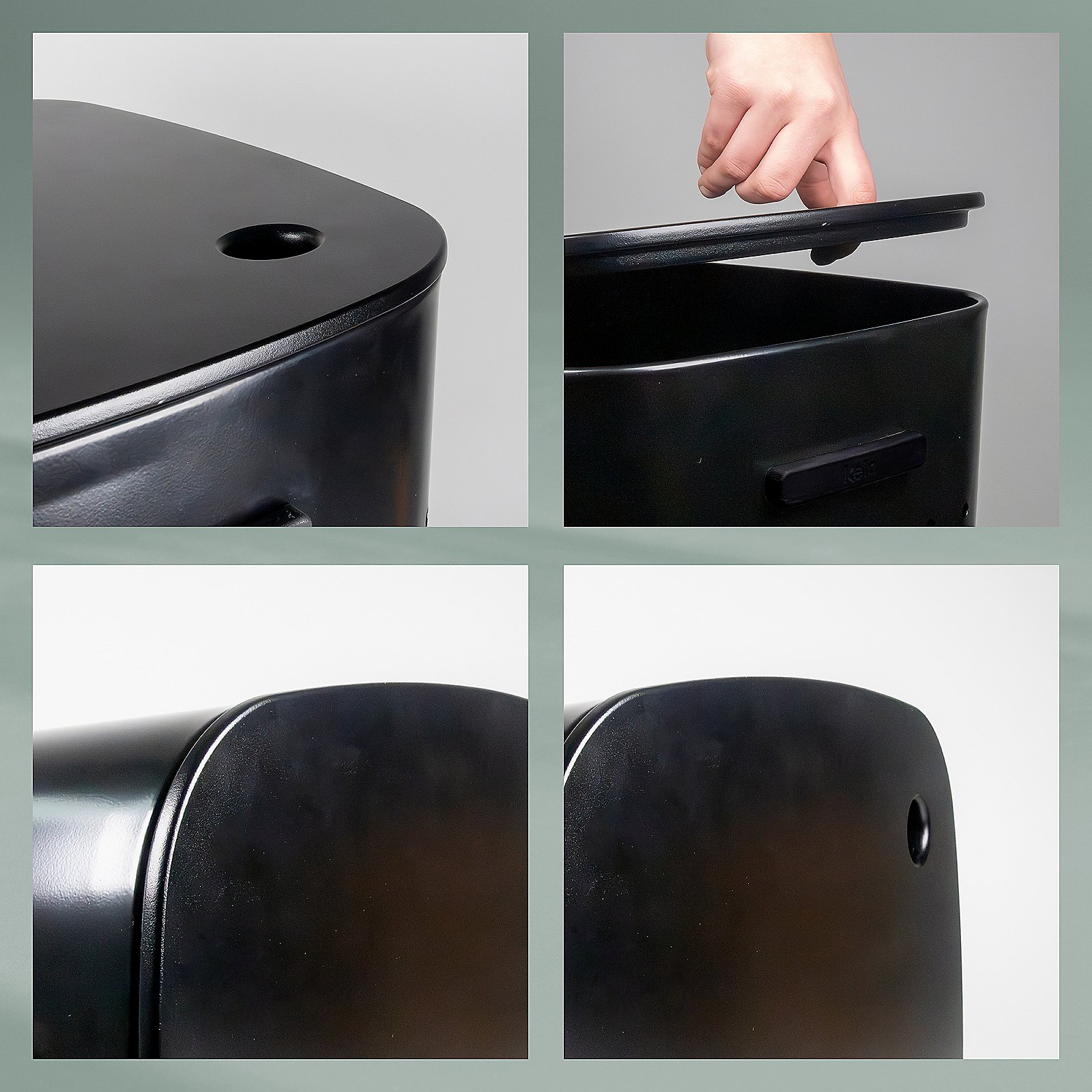 Kela Sitz-Wäschebox MALAGA in Farbe Schwarz, Schreibtisch-Organizer, Mülleimer, Schwarzer Behälter, Deckel mit Griff, Metall- oder Kunststoffmaterial, Schreibtisch-Organisator, Schwarz, Metall, Deckel scharnier, Kante rund
