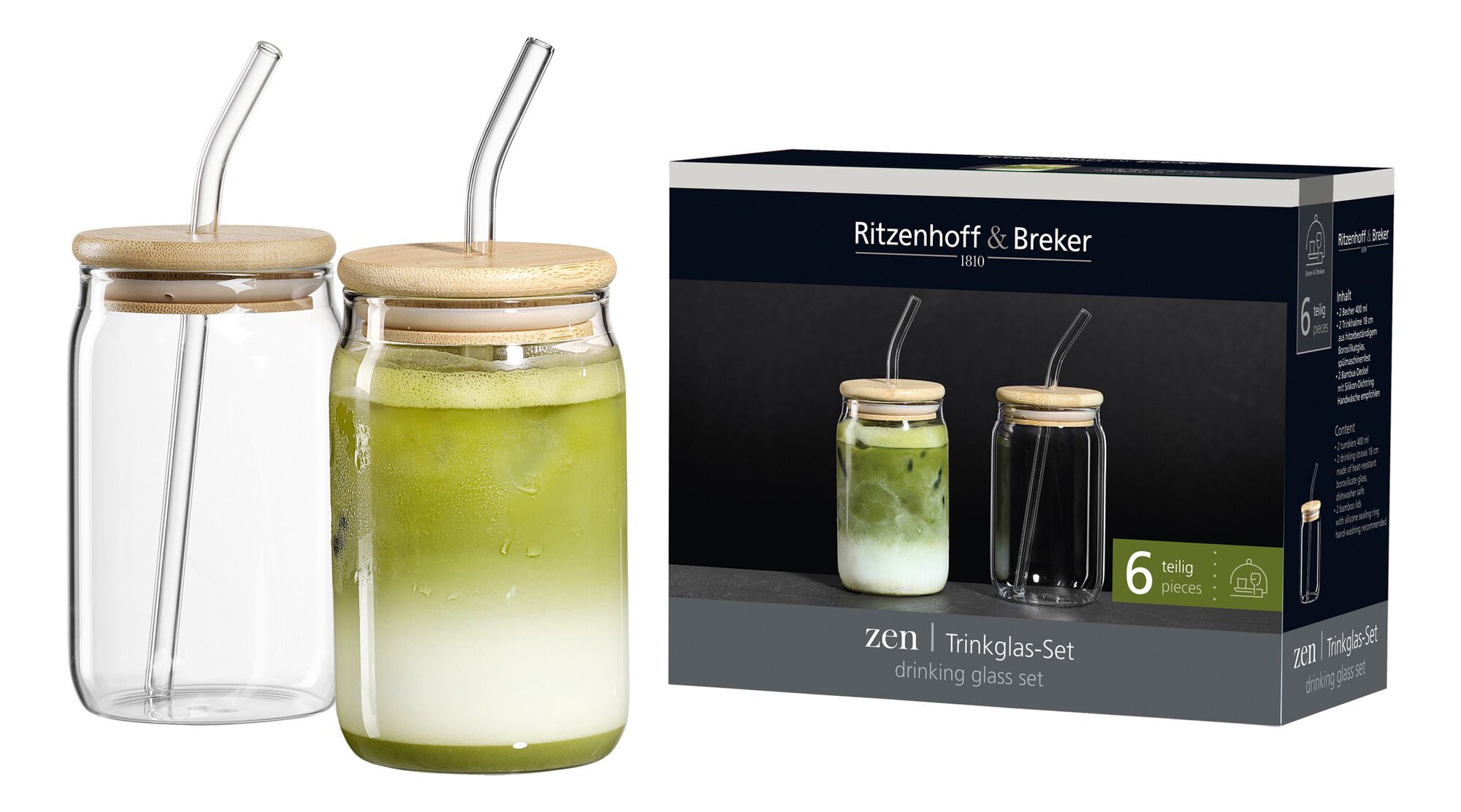 Ritzenhoff & Breker Trinkglas-Set ZEN mitDeckel&Halm-6tlg. aus Borosilikat klar, Glas-Set, Trinkgläser, Bunte Getränke, Bambusdeckel, Strohhalm-Set