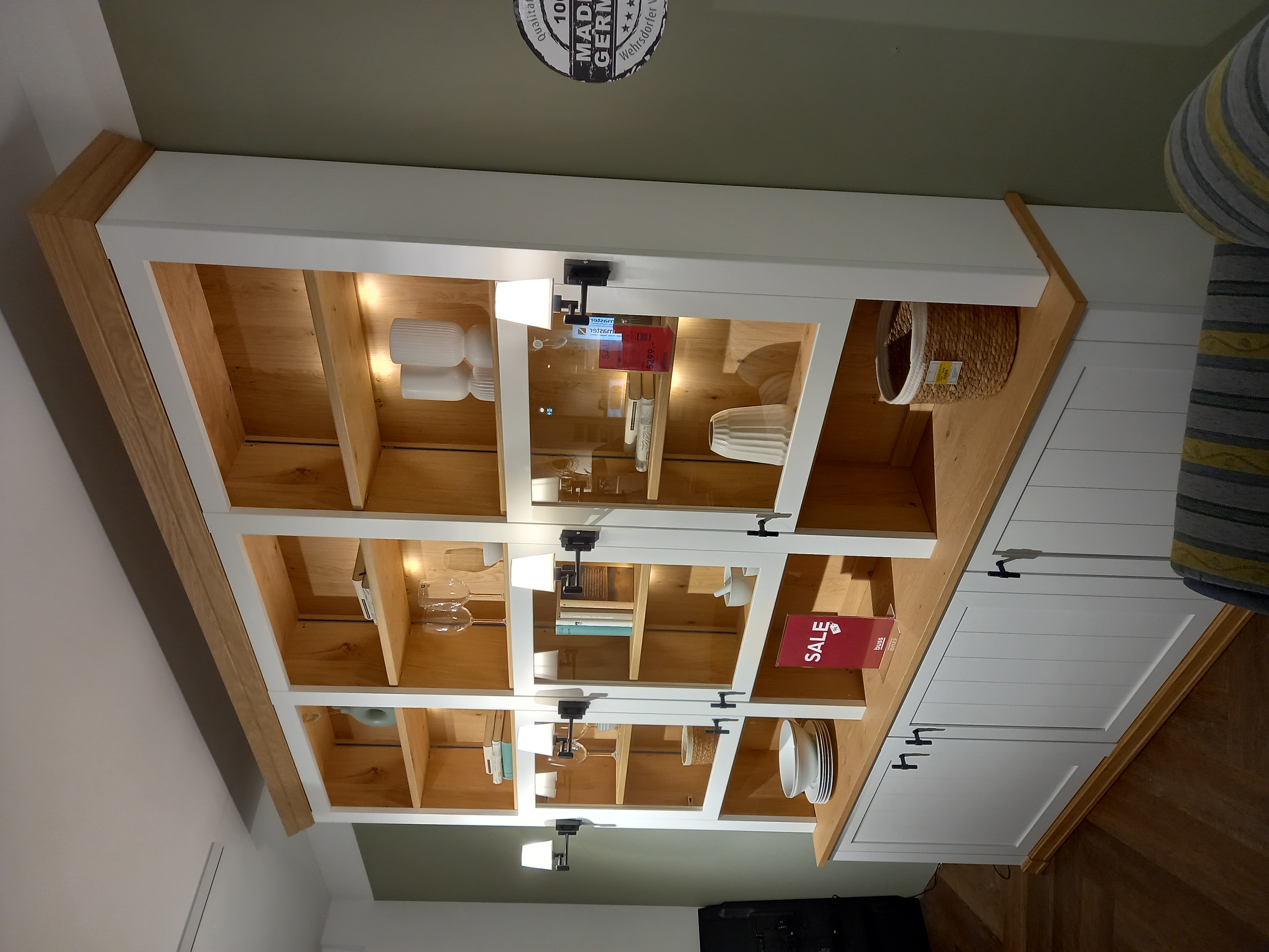 SCHÖNER WOHNEN-Kollektion Bücherwand VILAGE ca. B238 H266 T43/33 cm in weiß / Akzent Asteiche PG.1, Innenarchitektur, Regal, Kabinett, Schrank, Holz