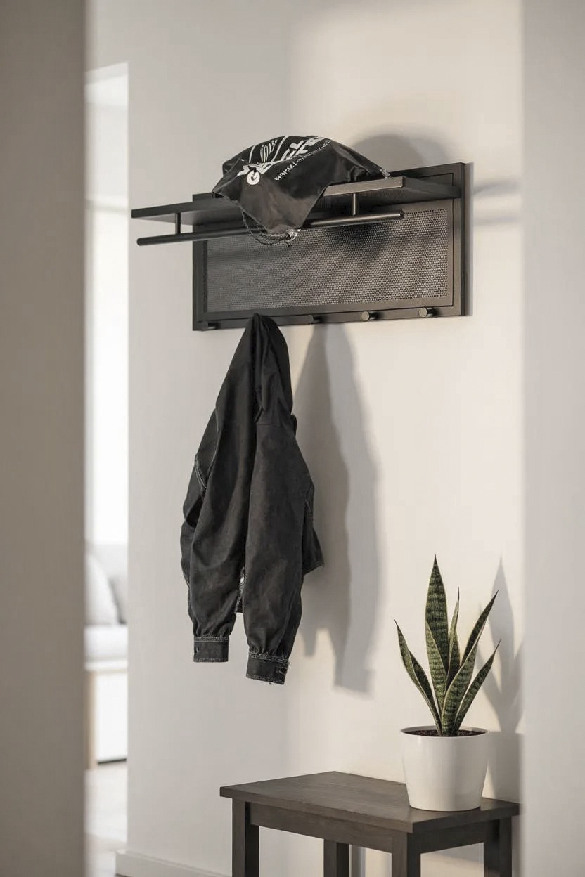 Wandgarderobe in Schwarz, coat, jacket, wandhängeregal, aufhängungsbrett, pflanze, Jacket, Mantel, Wandhalterung, Kleiderhaken, Pflanze in Topf