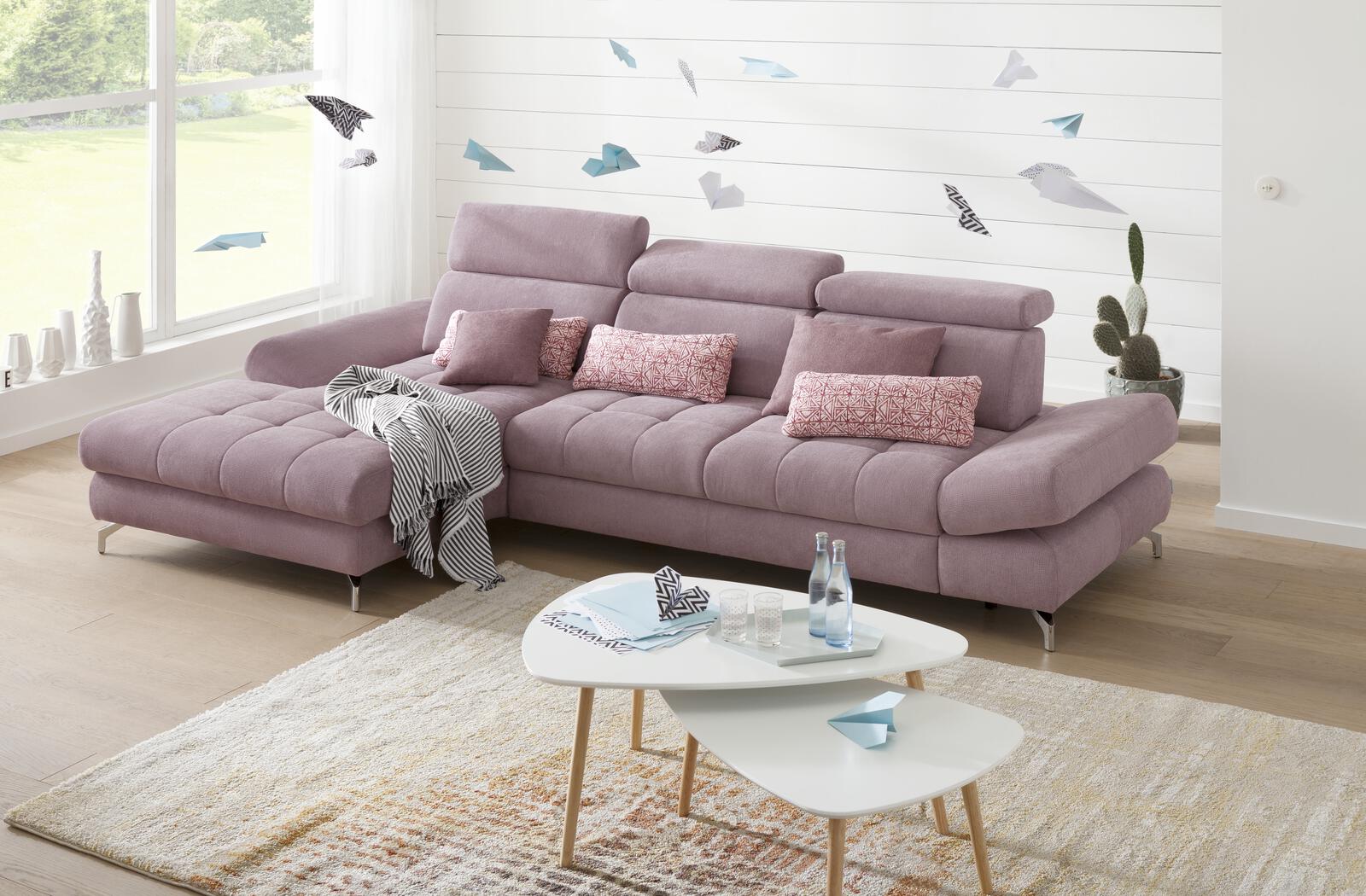 Poco Eckkombination Torino ca. 186 x 282 cm in Stoff Paris flieder, Couch, Mobiliar, Inneneinrichtung, Kissen, Pflanze