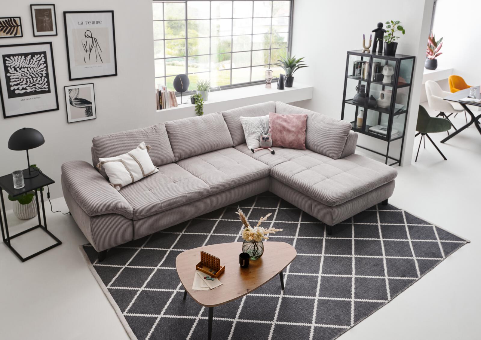 Polstergruppe VS-MP1028 ca. 306x197cm in Stoff Cord grey, Sofa, Sofa-Ecke, Leinenstoff, Hellgrau, Wohnzimmer