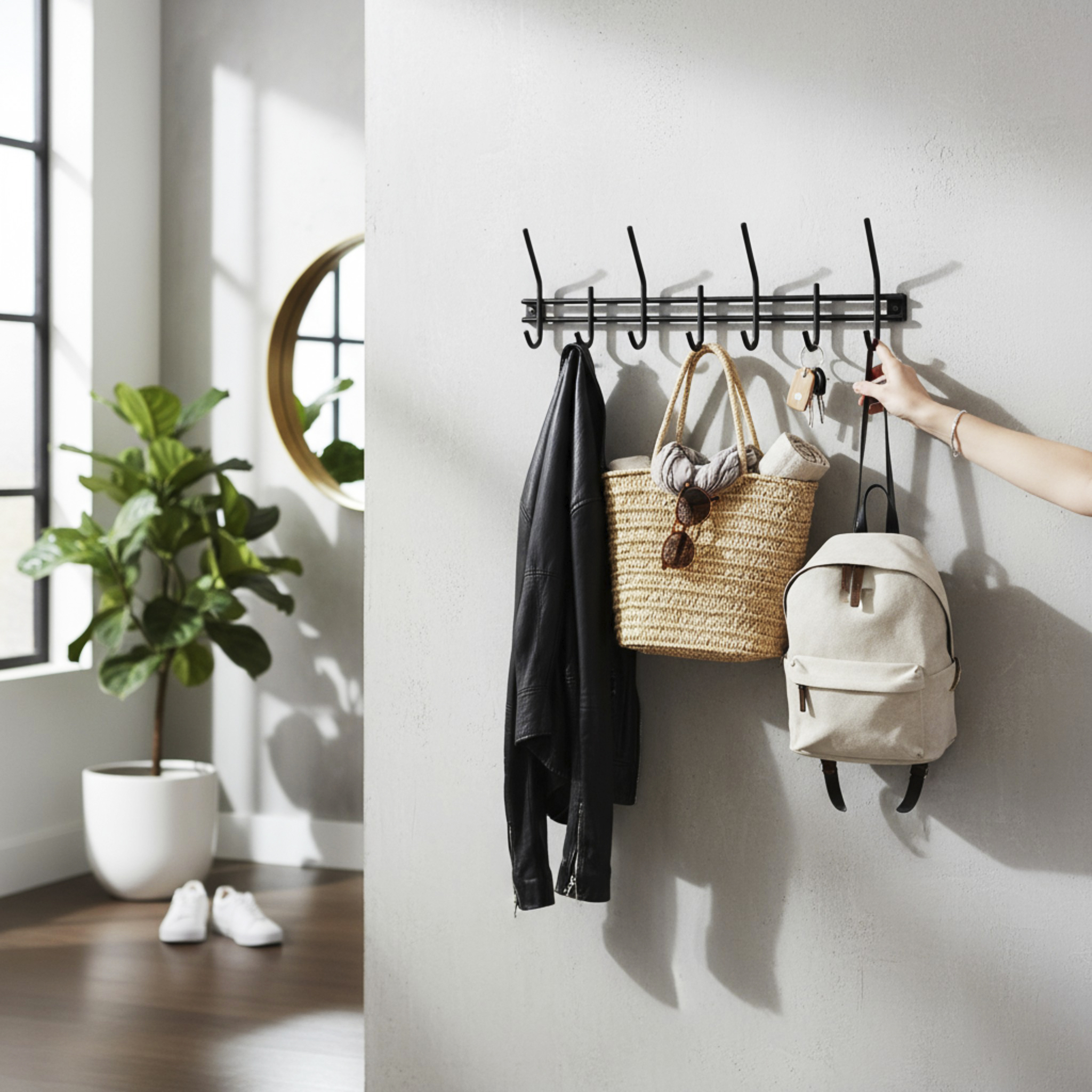 Garderobenleiste in Schwarz, Aufbewahrung, Schlüsselhaken, Wandgarderobe, Schwarze Jacke, Rucksack