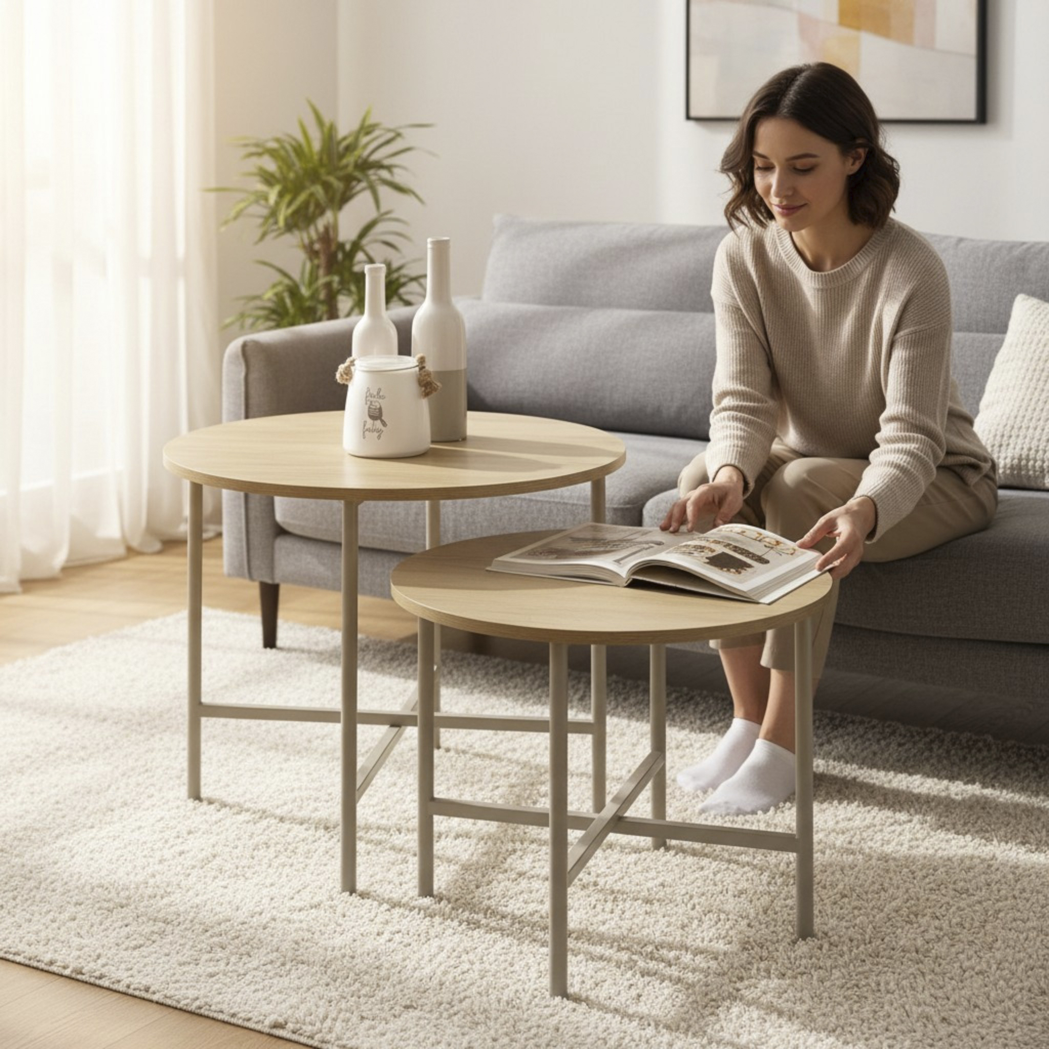 Haku Möbel Couchtisch DUA in Farbe Eiche natur, Kaschmir, Couchtisch, Beistelltisch, Holztisch, Metallgestell, runde Tische
