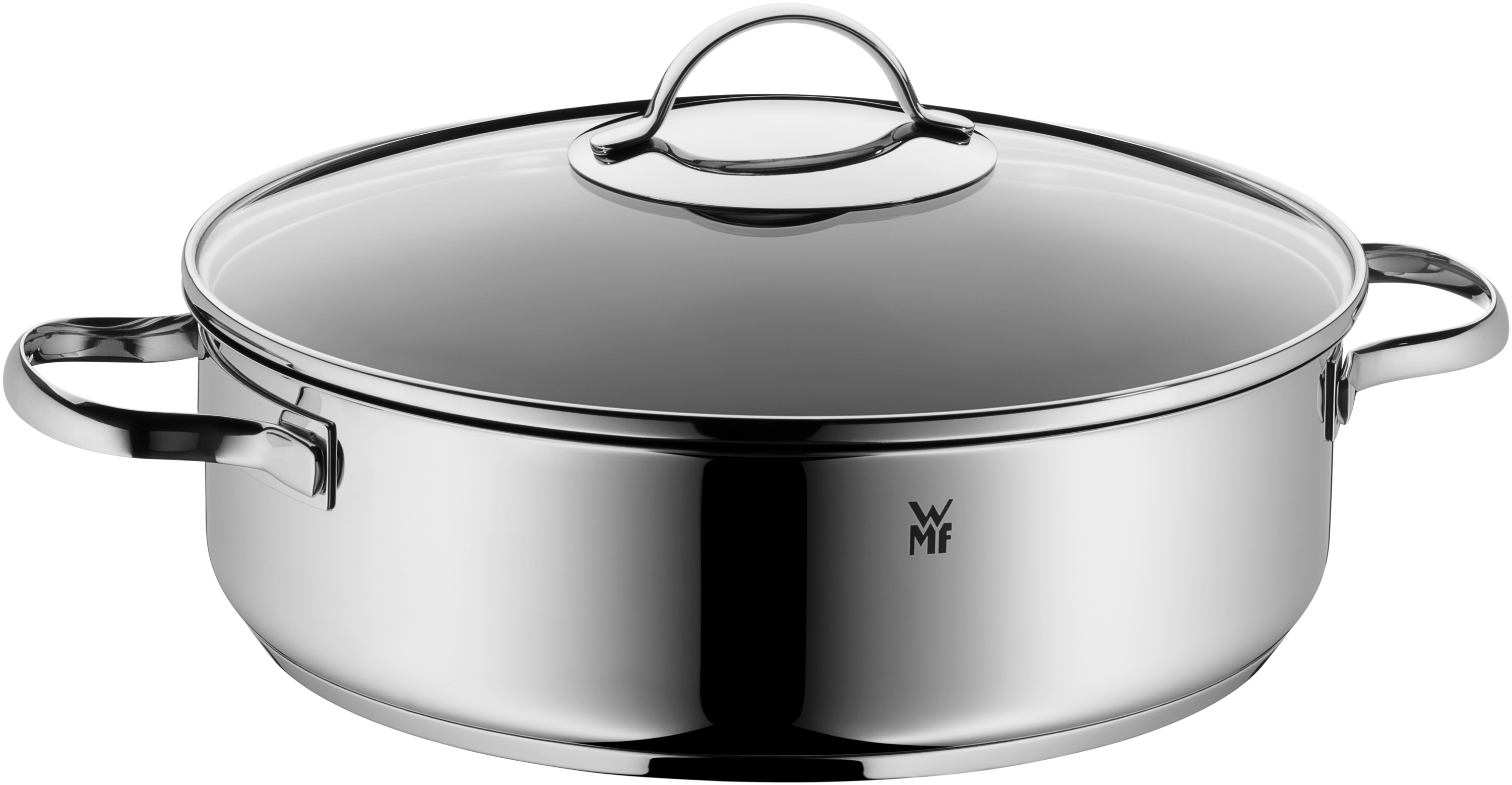 WMF Devil Servier-Schmorpfanne mit in Edelstahl, Topf, Kochgeschirr, Edelstahl, Glasklappdeckel, Stieltopf