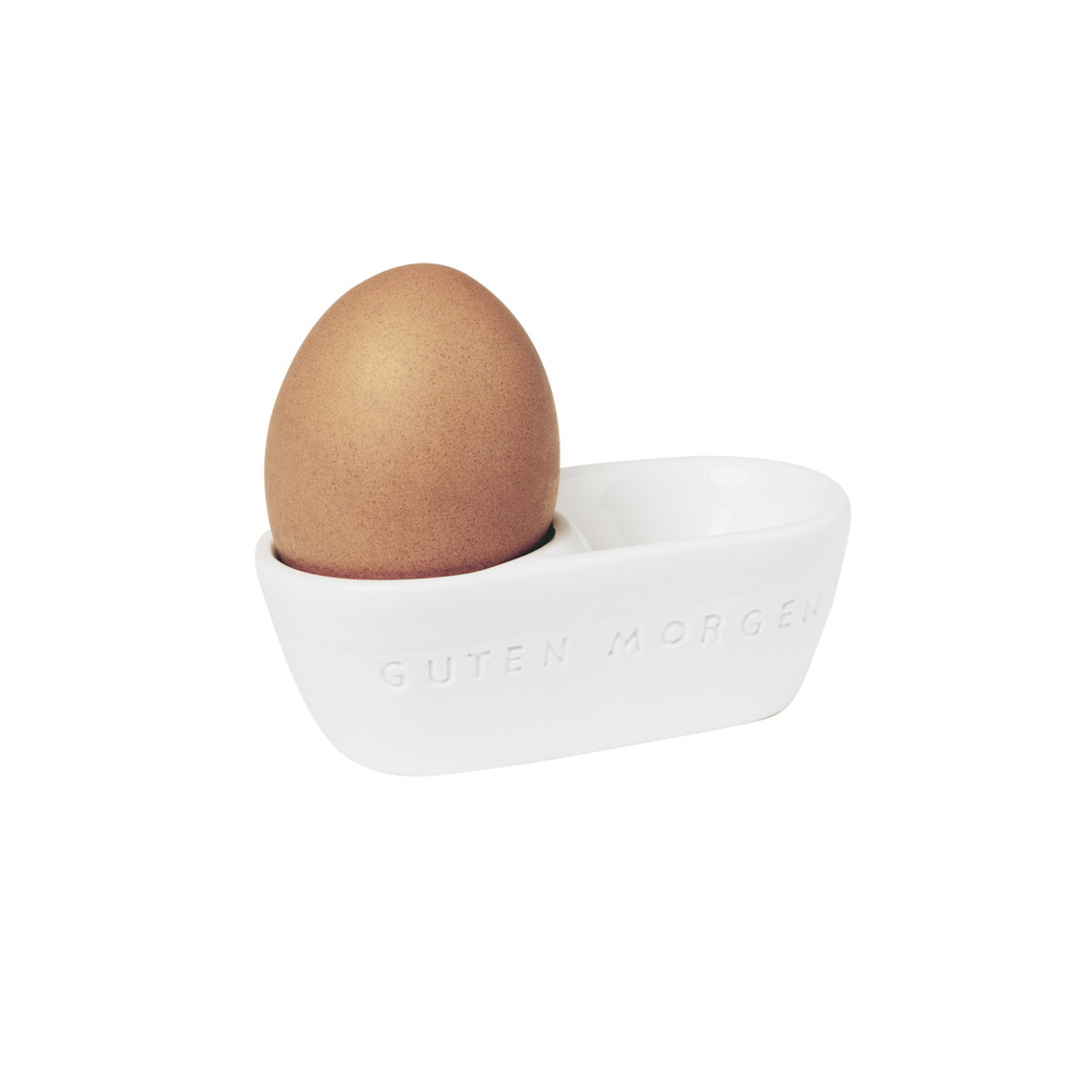 Eierbecher GUTEN MORGEN in Farbe weiß, Ei, Eierhalter, Küchenzubehör, weißes Keramikbehältnis, Brunnes Ei-Holder