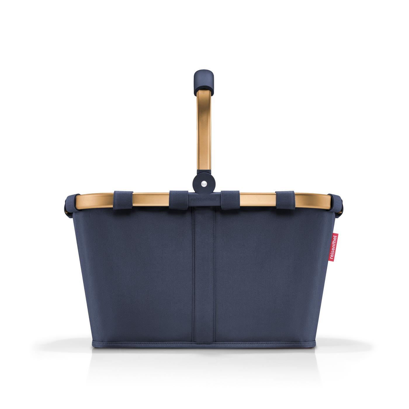 Reisenthel CARRYBAG in Farbe midnight gold, Carry-on Tasche, blaue Stofftasche, faltbarer Griff, Holzrahmen, Reiselabel-Tag