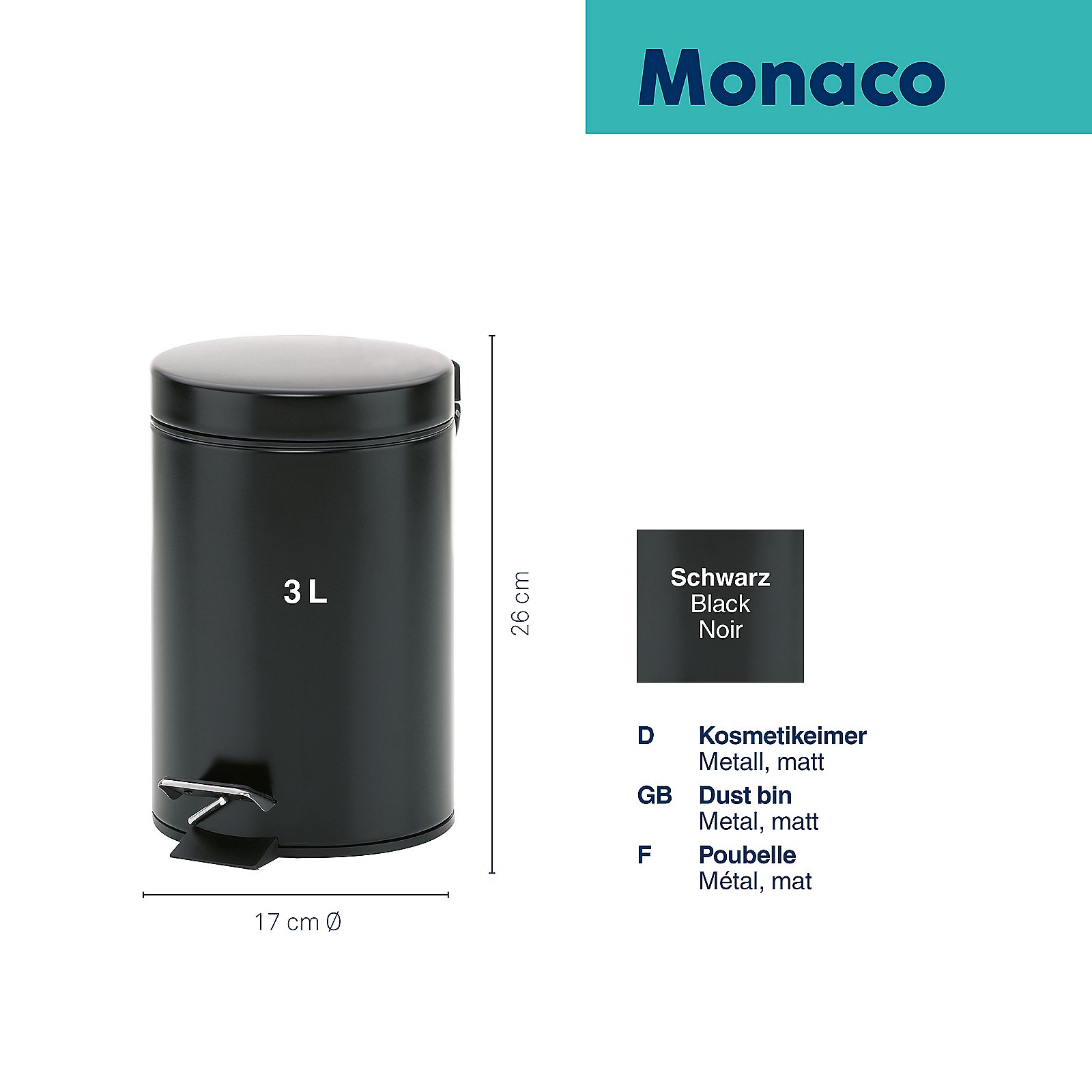 Kela Kosmetikeimer Monaco GRAPHIT in Metall schwarz, Zinn, Kann, Mülleimer
