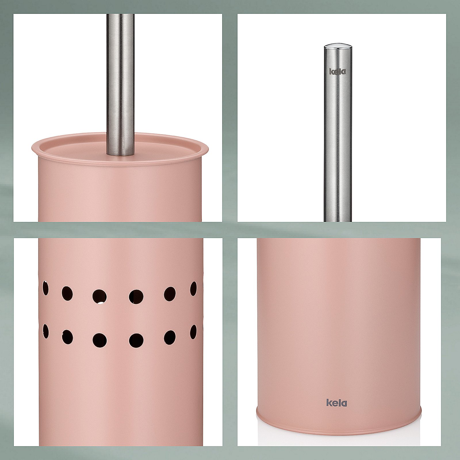 Kela WC-Garnitur LEO in Farbe Altrosa, Toilettenpapierhalter, Utensilienhalter, Rosa, Metall, Lochdesign, Topfhalter, Pottopf, Stählerner Stab, Perforierter Topf, Rosa