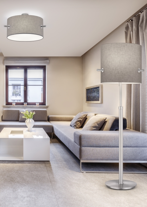Trio Stehleuchte CAMDEN in Nickel matt, Schirm Stoff grau