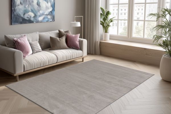 Webteppich TROPEZ ca. 160x230cm in Farbe silver, Wohnzimmer, Teppich, Stoffsofa, Kissen, Hellgrauer Teppich