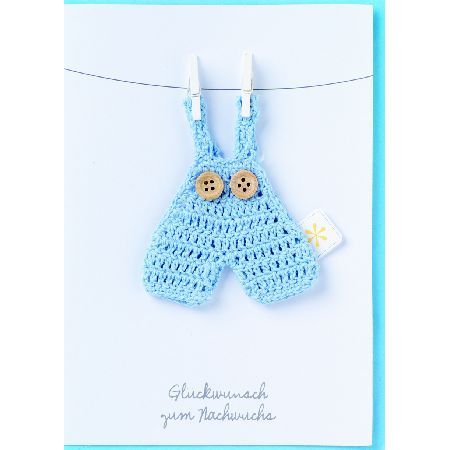 Baby welcome Karte "Glückwunsch zum Nachwuchs", baby romper, crochet, blue, shorts, buttons