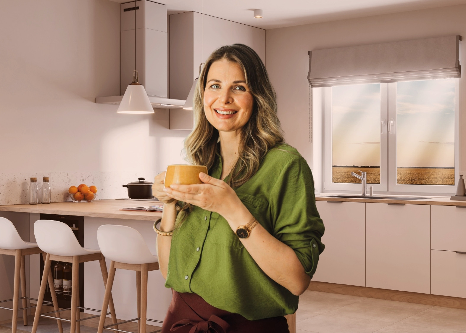 frau, küche, grüne bluse, tasse, orange fruit, Küche, Kaffeetasse, Grünhemd, Herdabdeckung, Fensterblick